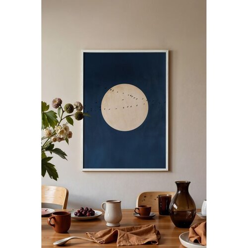Wallxpert uramljena slika 115212, pun mesec i jato ptica na tamnoplavoj pozadini, 30 x 40 cm, beli ram Cene