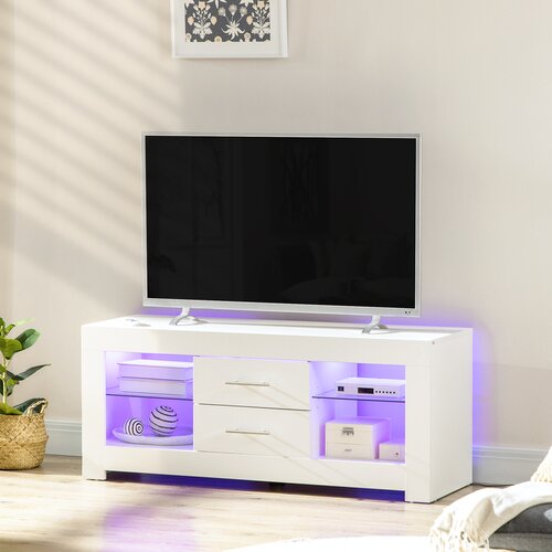 HOMCOM 55-palčno televizijsko stojalo z 12 barvnimi lučmi LED in daljinskim upravljalnikom, leseno pohištvo za dnevno sobo s steklenimi policami, 120x40x50cm, belo, (20755615) Cene