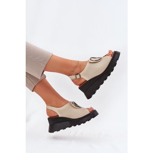 Boto Ladies Leather Wedge Sandals With Decoration Beige Artiker Cene