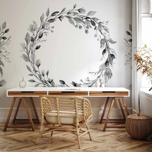 Foto tapeta - Romantic wreath - grey plant motif with leaves with rose pattern 400x280 Slike