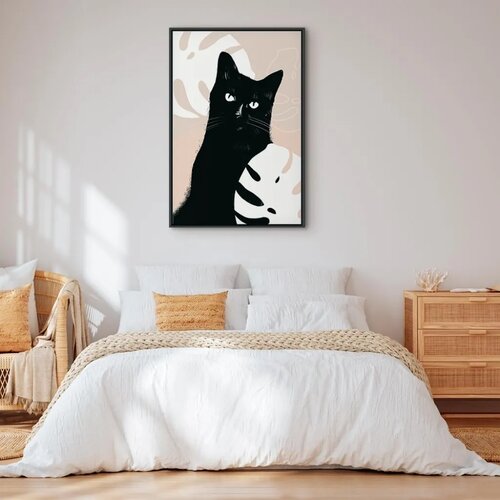  Slika - Cat in Monsteras (1 Part) Vertical 60x90 U crnom drvenom okviru Slike