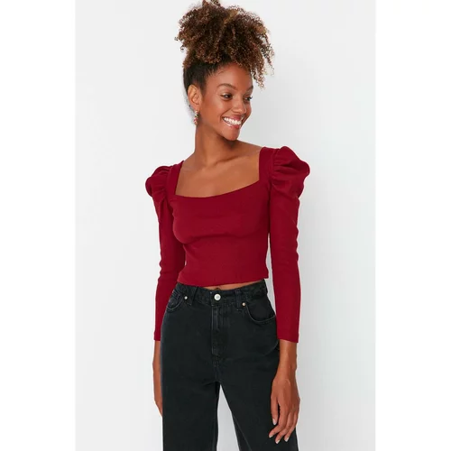 Trendyol Burgundy Square Collar Corduroy Knitted Blouse