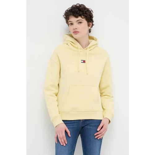 Tommy Jeans Bombažen pulover ženska, rumena barva, s kapuco