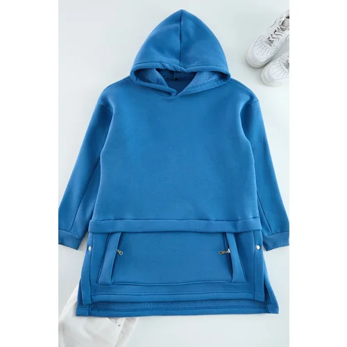 Trendyol Indigo Hooded Pocket Detailed Knitted Sweatshirt