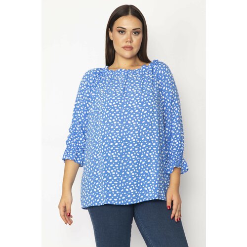 Şans Women's Plus Size Blue Collar And Sleeve Elastic Detailed Woven Viscose Fabric Blouse Slike