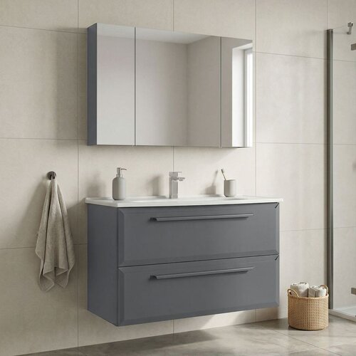 Hanah home Nuvola 100 v2 - 181 Grey Bathroom Cabinet With Sink & Mirror Set (2 Pieces) Cene