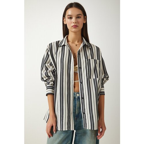  Women's Cream Black Striped Oversize Knitted Shirt Cijene