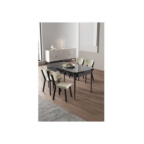 Hanah home Rasklopivi trpezarijski sto i stolice (5 delova) Exve Black Marble Cream Cene