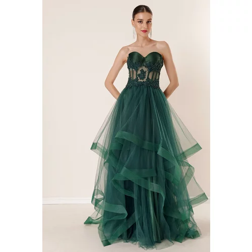 By Saygı Bead Embroidered Top Transparent Tiered Tulle Taffeta Long Evening Dress