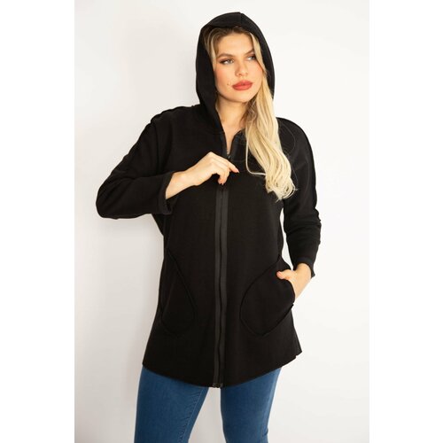Şans Women's Plus Size Black Front Zippered Pocket And Hooded Coat Cene