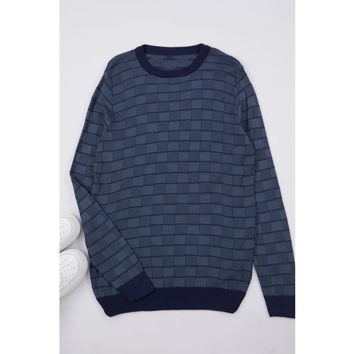 Trendyol Indigo Slim Crew Neck Striped Knitwear Sweater