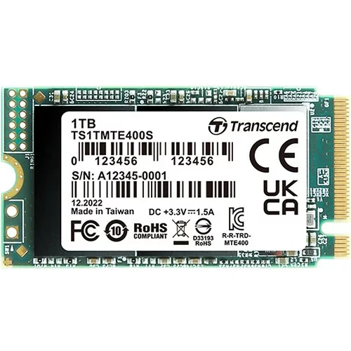 Transcend vgradni SSD M.2 PCIe NVMe 1TB 400S 2242, 2000/1700 MB/s, 3D TLC, DRAM-less TS1TMTE400S