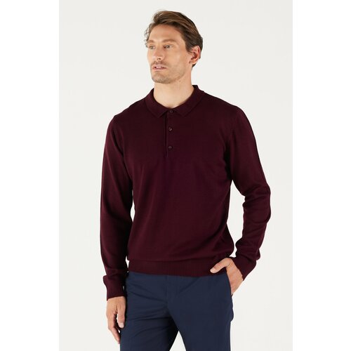 ALTINYILDIZ CLASSICS Men's Claret Red Anti-Pilling Anti-Pilling Fabric Standard Fit Normal Cut Polo Collar Knitwear Sweater. Cene