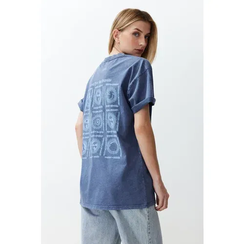 Trendyol Blue Oversize/Wide Fit Galaxy Front and Back Printed Washed Knitted T-Shirt