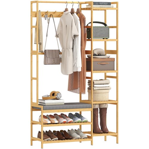 HOMCOM garderobni stojalnik bambus, poliester 104D x 33&Scaron; x 175V cm naravni les, (5000242247) Cene