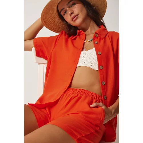 Happiness İstanbul Women's Orange Linen Surface Shorts and Shirt Set
