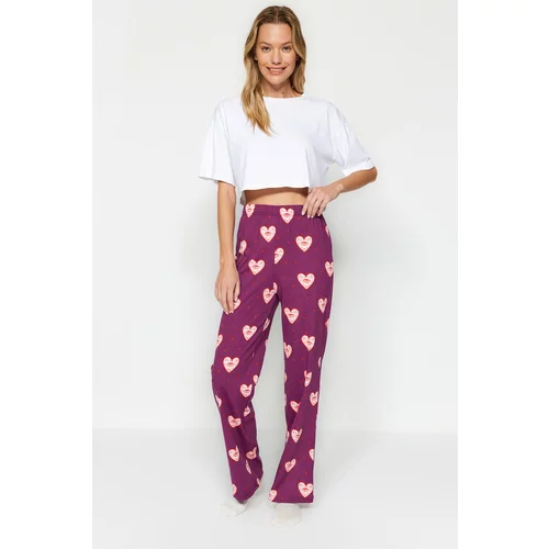 Trendyol Purple 100% Cotton Heart Pattern Knitted Pajama Bottoms