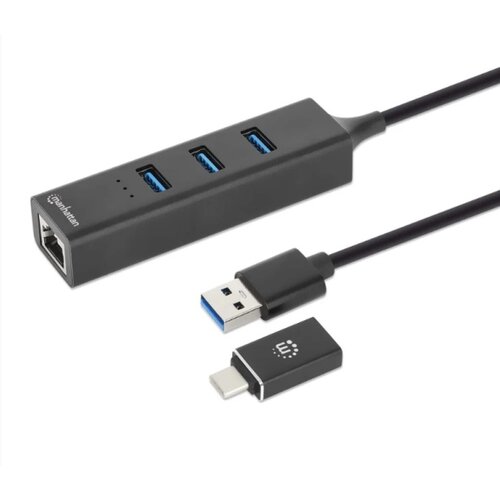 Manhattan USB HUB 3port 180894 USB-A/C 3xUSB 3.2 5Gbps/1xGLAN 5Gbps/sivi Cene