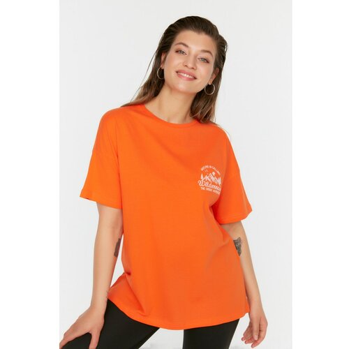 Trendyol ženska majica Curve Orange Printed Knitted Slike