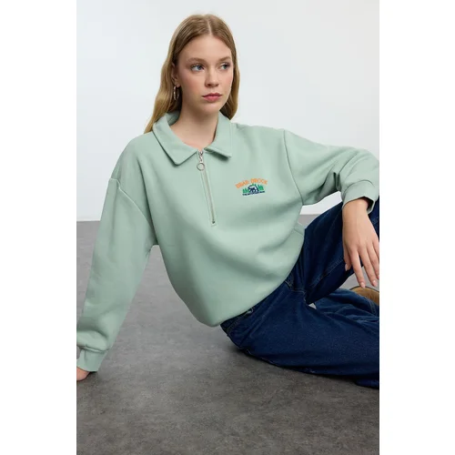 Trendyol Mint Zipper Collar Embroidery Detailed Regular Fit Thick Inside Fleece Knitted Sweatshirt