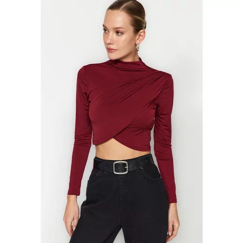 Trendyol Burgundy Stand-Up Collar Draped Crop Blouse