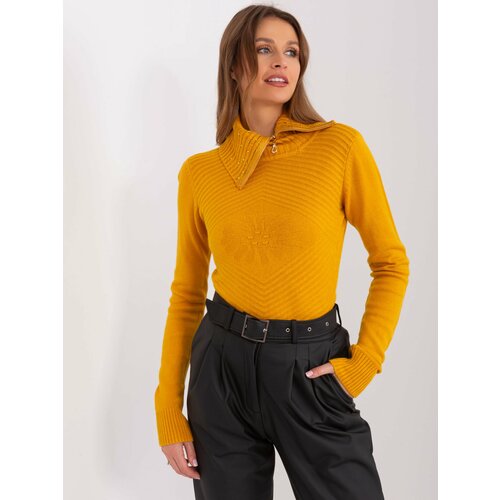 Fashion Hunters Women's mustard sweater with zipper and appliqués Slike