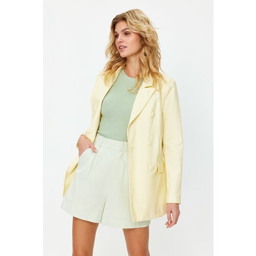 Trendyol Light Yellow Double Breasted Closure Woven Lining Faux Leather Blazer Jacket Slike
