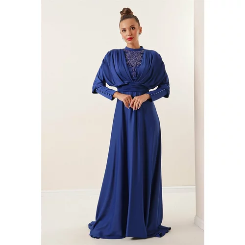 By Saygı Satin Long Dress with Gathered Sleeves, Button Detail, Lined and Beaded on the Front, Saks