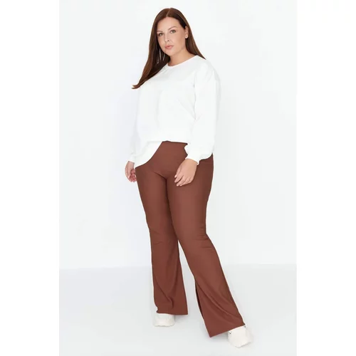 Trendyol Curve Brown High Waist Spanish Leg Slit Detailed Knitted Trousers