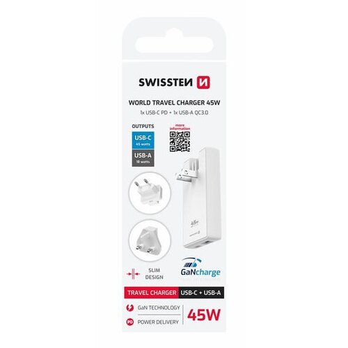 Swissten punjač za AC100-240, UK-SAD-EU, GaN, USB-C + USB-A 45W izmjenjiv Cijene