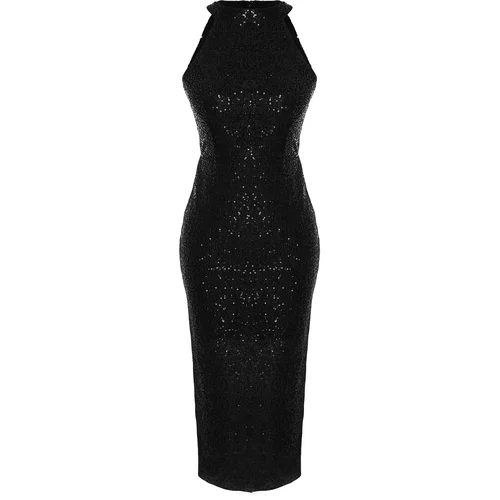 Trendyol Black Fitted Evening Dress with Knitting Lined and Shimmering Sequins.