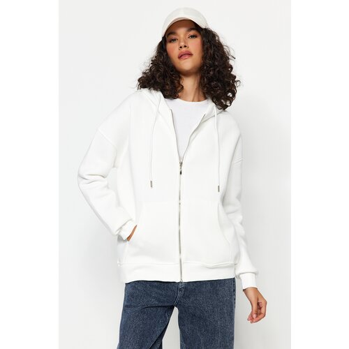 Trendyol Ecru Regular/Normal fit Zippered Hoodie with Fleece Inside Knitted Sweatshirt Slike
