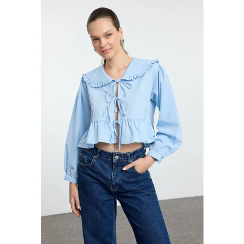 Trendyol Light Blue Frilled Baby Collar Front Tie Detail Woven Regular Fit Shirt