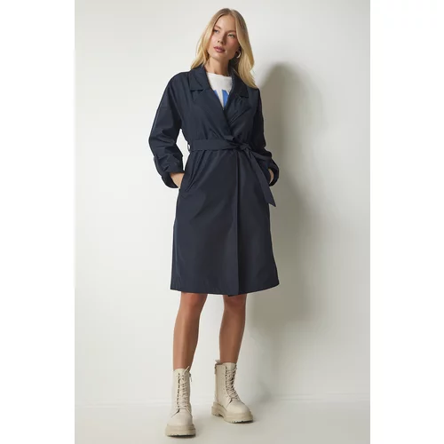 Happiness İstanbul Women's Navy Blue Belted Seasonal Trench Coat