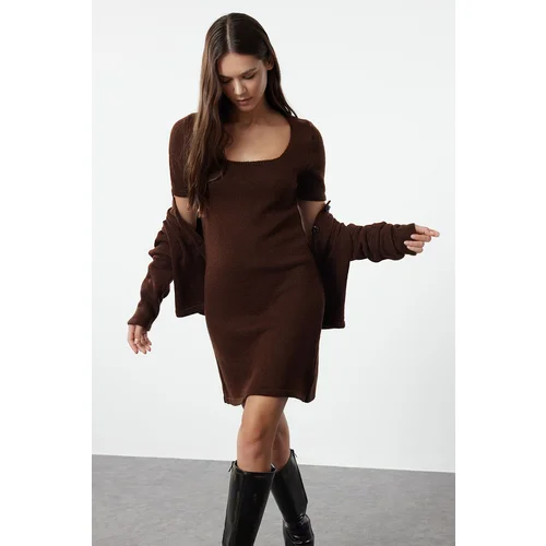 Trendyol Brown Mini Knitwear Soft Texture Cardigan Dress