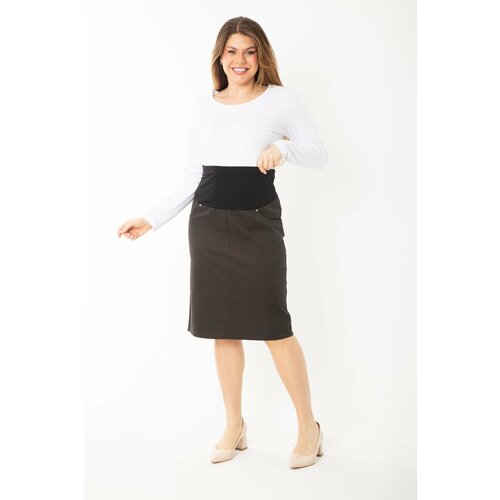 Şans Women's Plus Size Coffee Waist Combed Cotton Wide Corsage Belted 4 Pocket Gabardine Skirt Slike