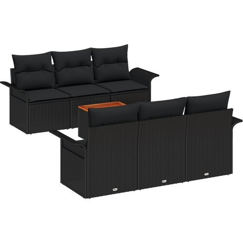 VidaXL 7-dijelni vrtni set sofa s jastučićima Crni Poli Ratan Akacija, 2-sjedeća vrtna sofa s prostorom za pohranu i jastučićima Crni Poli Ratan Slike
