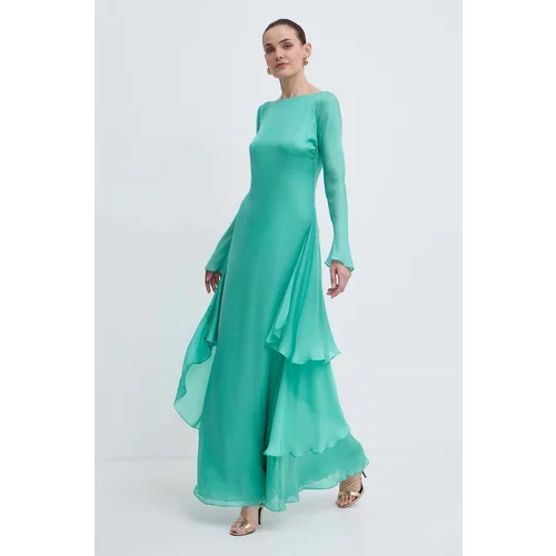 Luisa Spagnoli Svilena haljina RUNWAY COLLECTION boja: zelena, maxi, širi se prema dolje, 541121