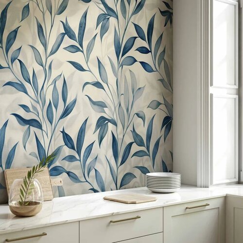  Foto tapeta - Leaves in Blue Colors Delicate Botanical Motif 150x105 Vodootporna Slike