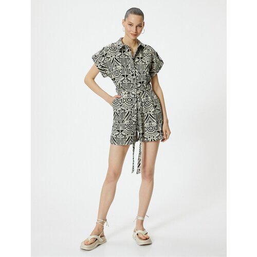 Koton Shorts Jumpsuit Short Sleeve Buttoned Ethnic Patterned Waist Belted Cotton Slike
