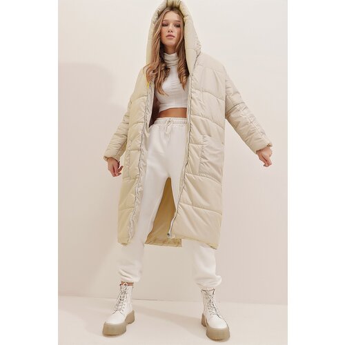 Trend Alaçatı Stili Women's Stone Hooded Waterproof Oversize Long Down Coat Cene