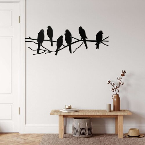 Wallxpert metalni zidni ukras 5022, šest ptica na grani, 75 x 26 cm, crni Cene