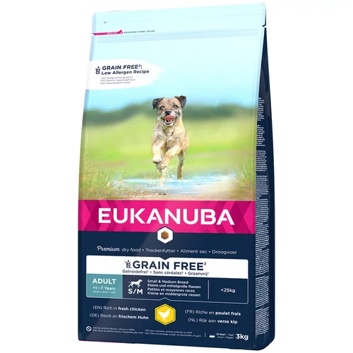 Eukanuba Grain Free Adult Small/Medium Breed piščanec - Varčno pakiranje: 2 x 3 kg