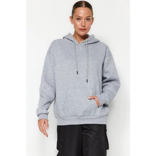 Trendyol Gray Melange Thick Fleece Inside Oversize/Wide Fit Hoodie Basic Knitted Sweatshirt