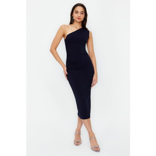 Trendyol Navy Blue One Shoulder Draped Fitted Maxi Flexible Knitted Midi Dress Cene