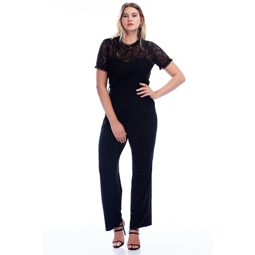 Şans Women's Plus Size Black Top Lace Jumpsuit Slike