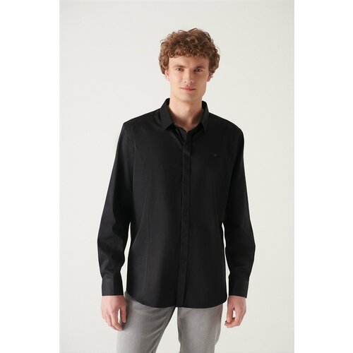 Avva Men's Black 100% Cotton Satin Hidden Pocket Slim Fit Slim Fit Shirt Slike