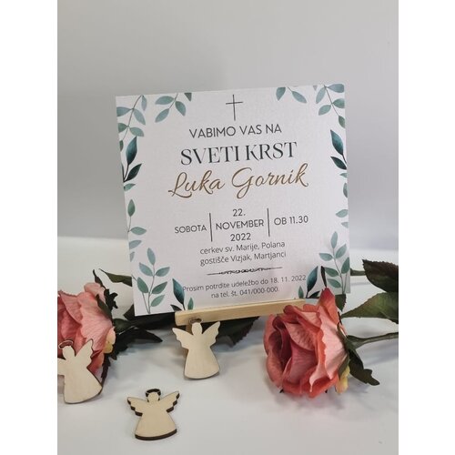  Vabilo za krst s križcem in listi REK110-1 Cene