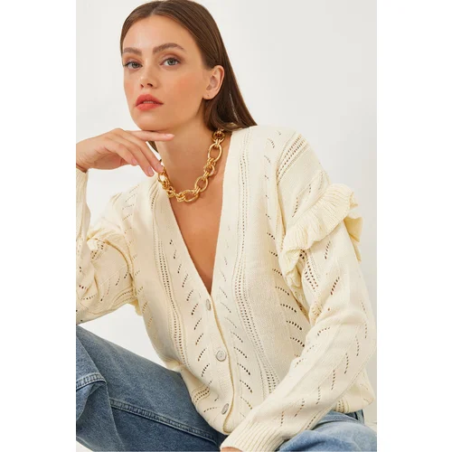 Bianco Lucci Women's Openwork Frilly Knitwear Cardigan