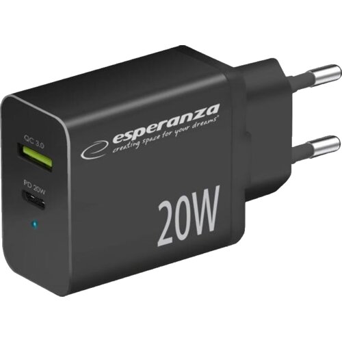  USB punjač Type-C + USB-A, ESPERANZA QUICK POWER CHARGER 20W USB-C PD 20W / USB-A QC 3.0 18W BLACK, EZC105K Slike